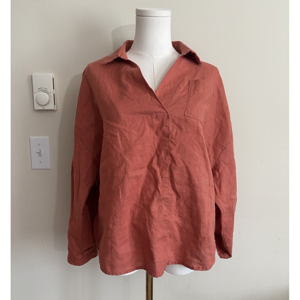 Lintico Size Small S Orange Collared V Neck Lagenlook Linen Cotton Blend Top